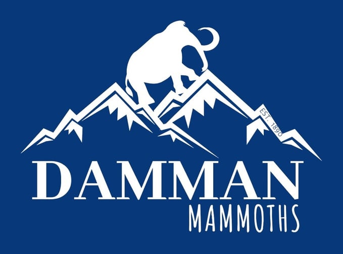 Damman School logo featuring a mammoth on top of mountains over top of text reading Damman Mammoths.